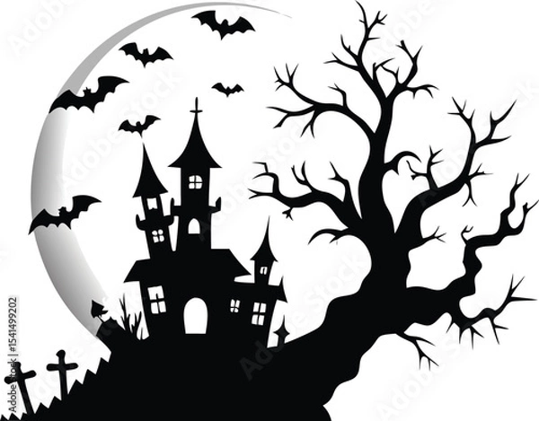 Obraz Spooky haunted house with bats flying in front of the moon