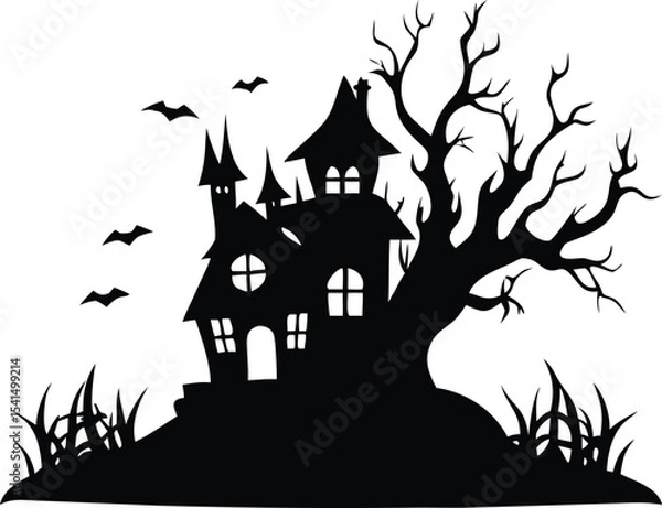 Obraz Haunted house silhouette with bats and a spooky tree isolated on white
