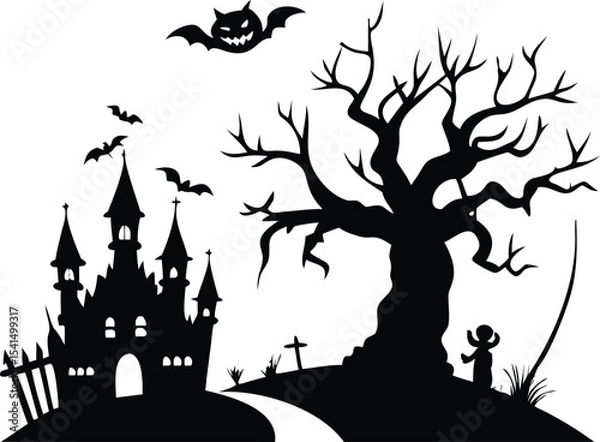 Obraz Halloween scene with haunted castle tree bats and spooky silhouette