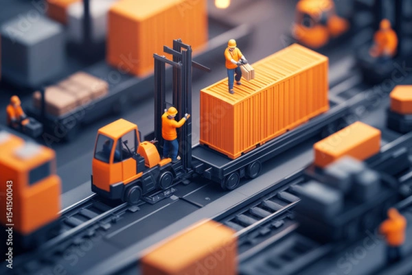 Fototapeta Dynamic scene of workers efficiently loading cargo onto train in busy rail yard, featuring cranes and forklifts, highlighting organized workflow of logistics operations.