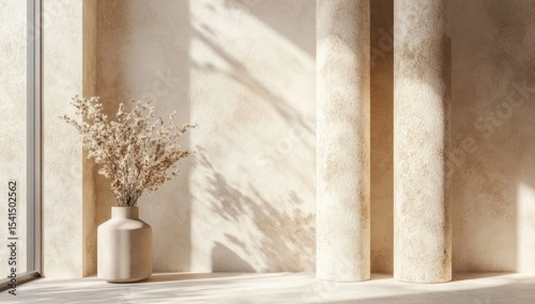 Fototapeta Beige minimalist interior with dried flowers. Sunlight casts soft shadows on a textured wall with pillars
