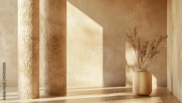 Fototapeta Beige minimalist interior with columns. Sunlight streams in