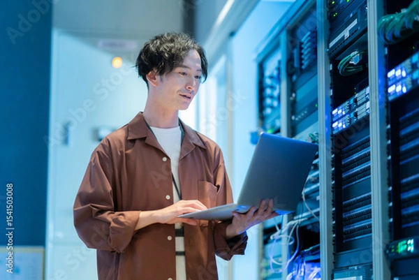 Obraz サーバールームでメンテナンスをするエンジニア　撮影協力：スカパー東京メディアセンター