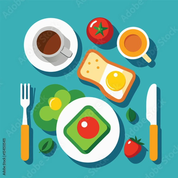 Fototapeta Flat Lay Breakfast Scene Featuring Colorful Food and Drink on a Blue Background Including Eggs Toast Coffee Juice and Fresh Produce