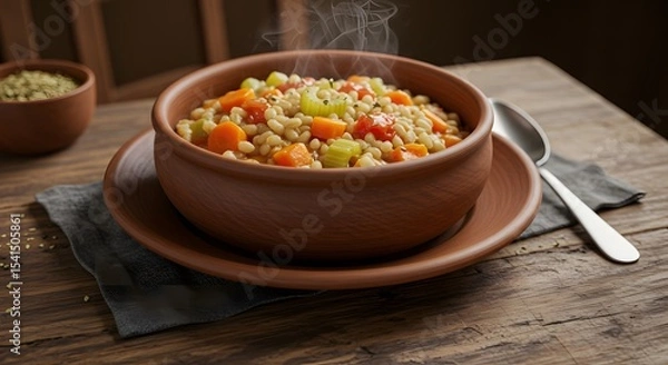 Fototapeta Steaming Bowl of Vegetable Soup on Rustic Wooden Table (Generative AI)