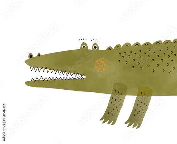 Obraz Illustration Of Happy Green Alligator. Cute Funny Hand Drawn Crocodile on a White Background. Nursery Vector Art With Childish Drawing-like Portrait Of Happy Croc With Big Teeth. 
