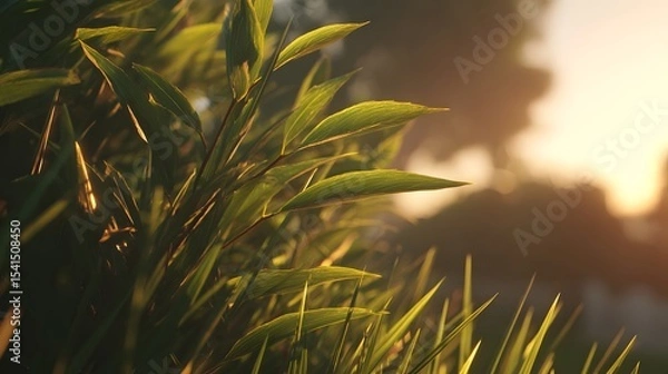 Fototapeta Lush green foliage illuminated by soft sunlight during golden hour, creating a tranquil outdoor scene