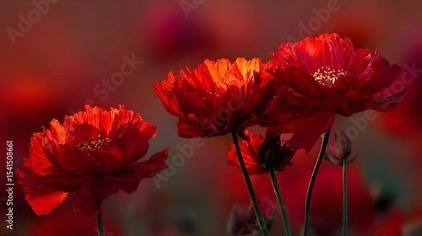 Fototapeta Vibrant red flowers bloom in a sunlit field, creating a stunning floral display against a blurred background