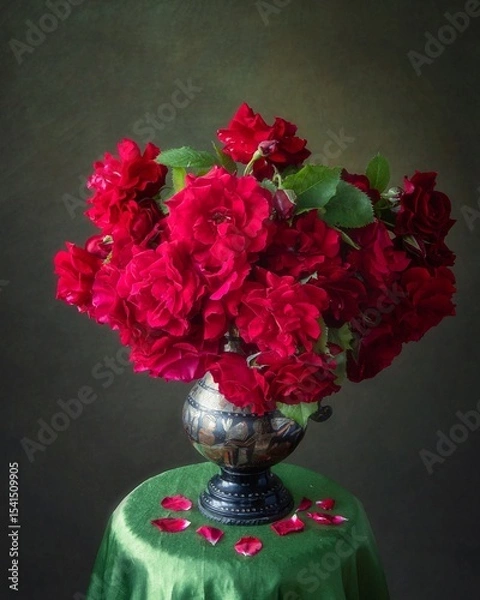 Fototapeta Still life with red roses in a vase