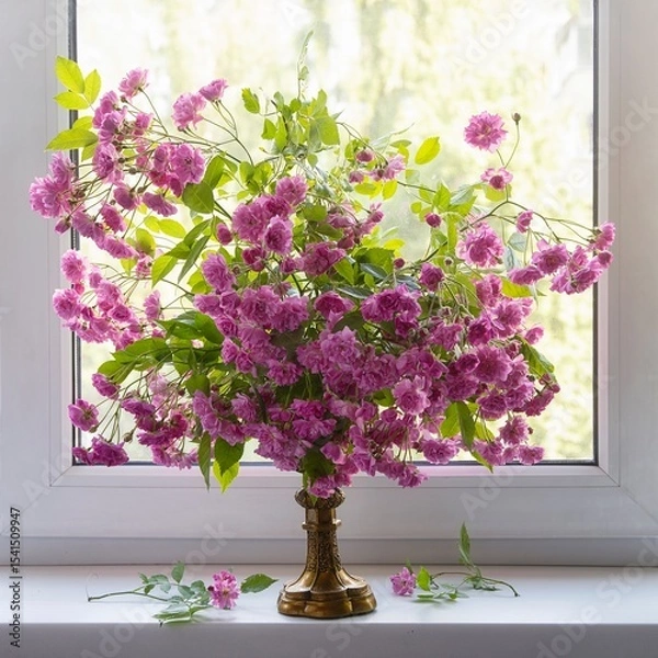 Fototapeta Still life with bouquet of pink roses on a windowsill