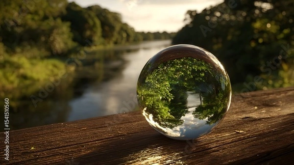 Fototapeta Crystal ball reflecting lush greenery and river scenery at sunset, creating a tranquil atmosphere