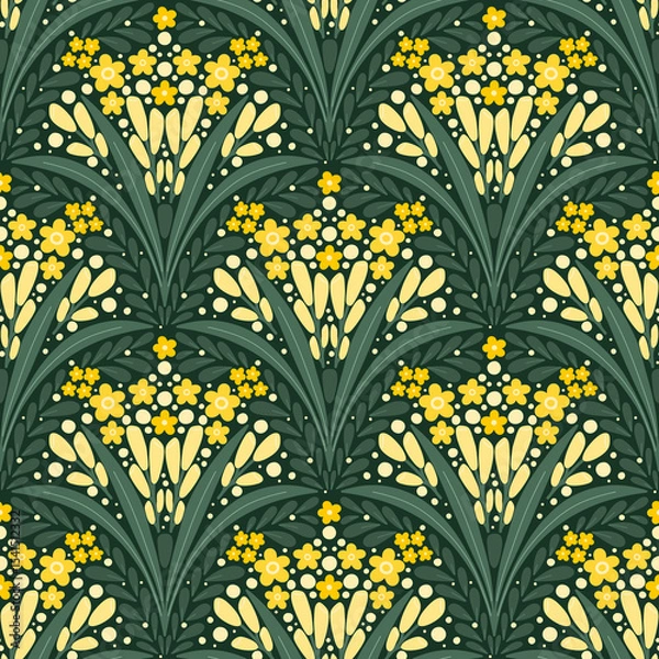 Fototapeta Abstract yellow flower bouquets seamless pattern. Stylized hand drawn flowers and green leaves on dark green background. Repeat scallop shape floral allover backdrop