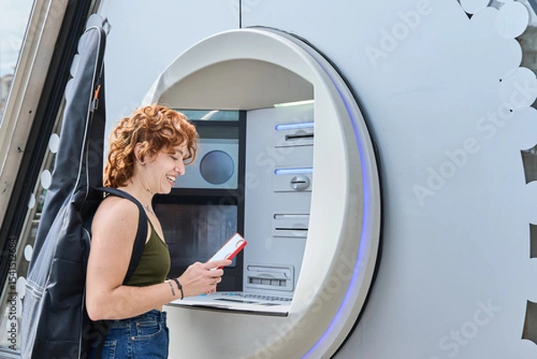 Fototapeta Musician withdrawing money using smartphone at atm