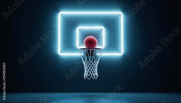Fototapeta Neon basketball hoop with a ball completing a shot in a dark setting illuminated by bright lights