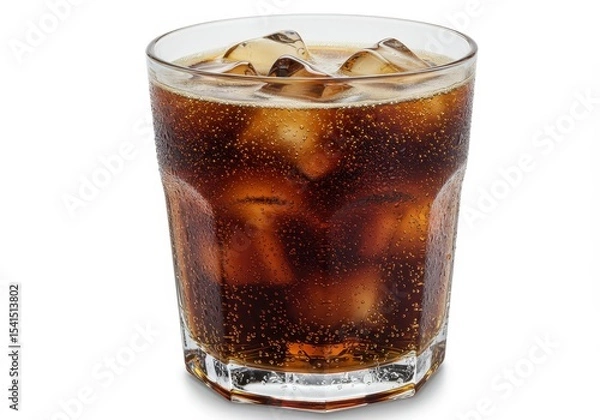 Fototapeta Refreshing cola beverage with ice cubes in a glass on white background, close up