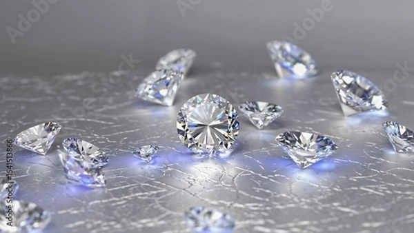 Fototapeta Diamonds scattered on a shimmering surface with soft blue lighting accents during a creative display