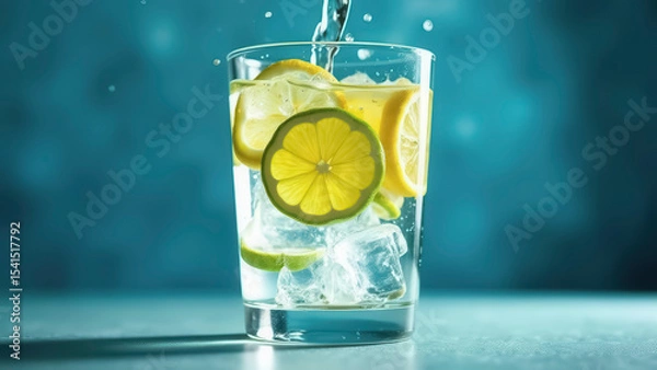 Obraz Pour water into a glass with lemon, lime and ice cubes