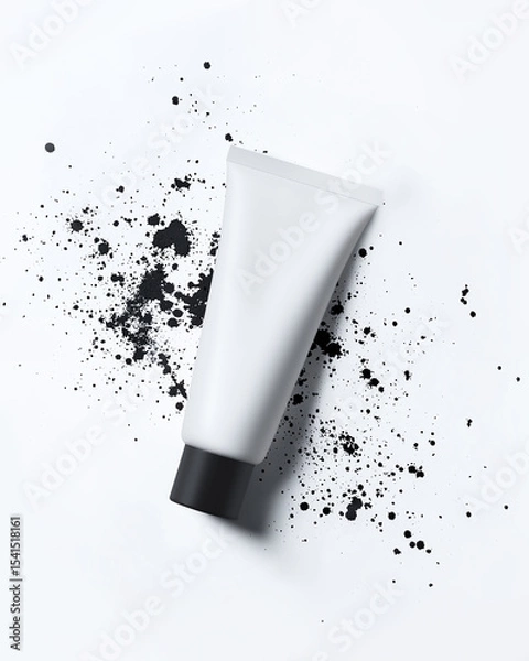 Obraz Cosmetic tube with black cap lies on white background with paint or ink splashes. Graphic vertical mockup of cream, hair dye or toothpaste with charcoal. Top view of matte plastic packaging