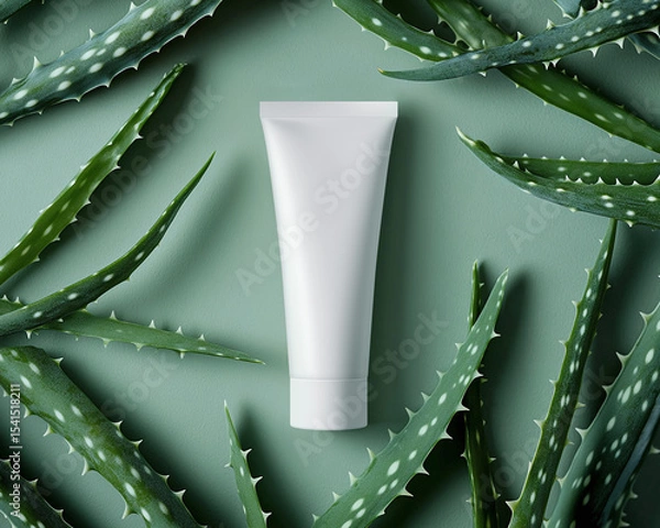 Obraz Cream tube lies on green background with aloe vera. Eco mockup of herbal cosmetics with natural ingredients. Flat lay of white plastic packaging, soft studio light