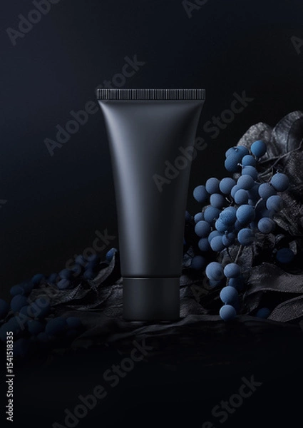 Obraz Black cream tube stands among blue decorative berries on dark background. Vertical mockup of matte plastic packaging with copy space, studio low key photo, modern still life