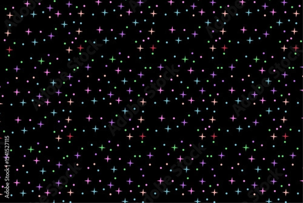 Fototapeta Seamless pattern of colorful glowing stars on black background for festive, magical or cosmic designs