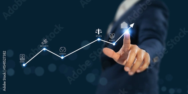 Obraz Corporate ethics and growth concept.  Interacts with a corporate ethics, surrounded by icons; code, integrity, honesty, respect, and ethics,  the foundation of a strong corporate code of conduct.