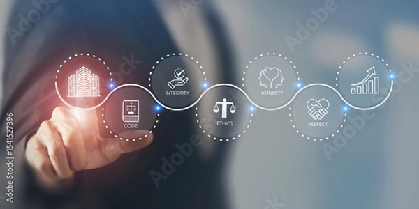 Obraz Corporate ethics and growth concept.  Interacts with a corporate ethics, surrounded by icons; code, integrity, honesty, respect, and ethics,  the foundation of a strong corporate code of conduct.