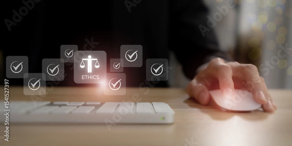 Obraz Ethical Assessment Concept. Using a computer mouse, with digital icons including checkmarks and a symbol of ethics, representing the evaluation and validation of ethical standards.