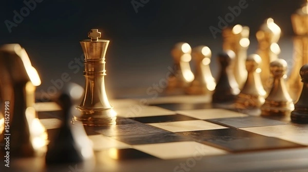 Fototapeta Close-up of a golden chess king surrounded by pieces on a wooden board, illuminated by soft light