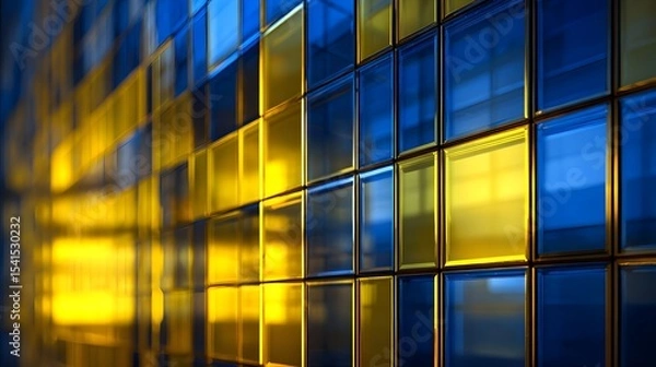 Fototapeta Abstract pattern of blue and yellow glass tiles reflecting light in a modern architectural setting