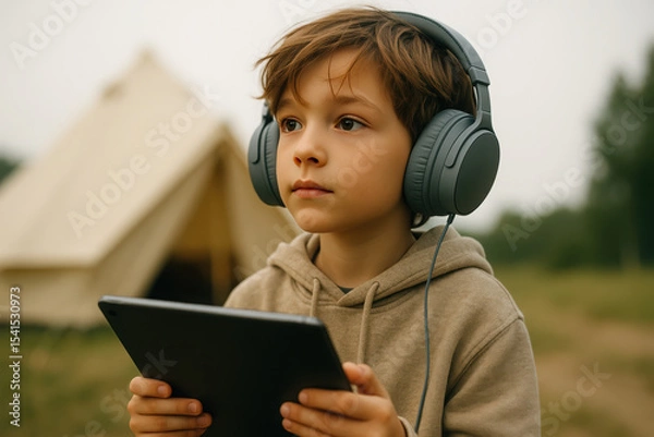 Obraz boy with headphones and tablet in a camping scene. child learning on tablet during travel