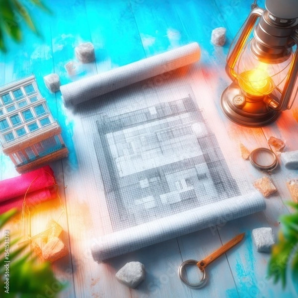 Fototapeta Architectural Blueprint Scroll Lit by Warm Lamplight on Wooden Table