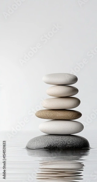 Fototapeta Smooth stones balanced atop each other, reflecting on tranquil water