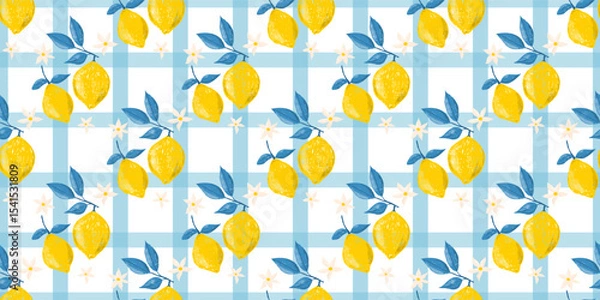 Fototapeta Hand drawn set of colored crayon of lemons on branch. Leaves and flowers of citrus fruits. Vector Italian summer seamless pattern in Mediterranean vintage style, kitchen print, checkered background