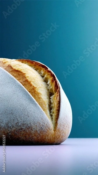 Fototapeta Closeup of Artisan Bread Loaf Against Teal Background