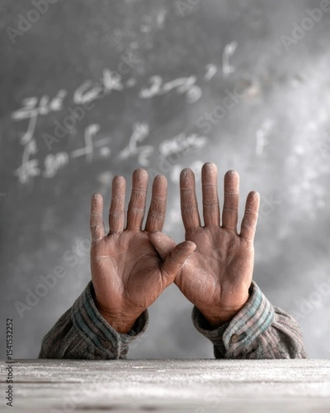 Fototapeta Closeup of Powdered Hands Against Chalkboard Background