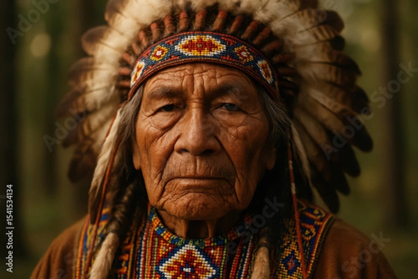 Obraz Elderly indigenous man in traditional headdress and regalia in forest setting
