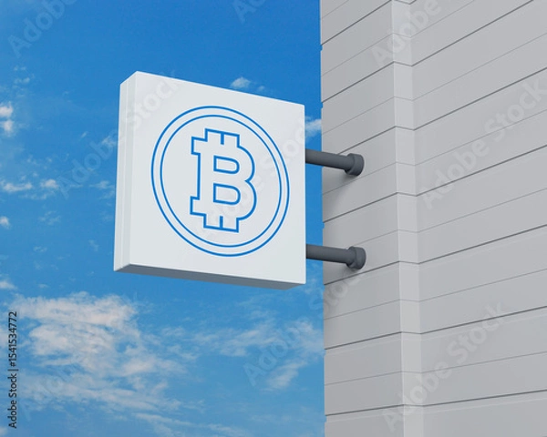 Fototapeta Bitcoin icon on hanging white square signboard over blue sky, Choosing bitcoin concept, 3D rendering