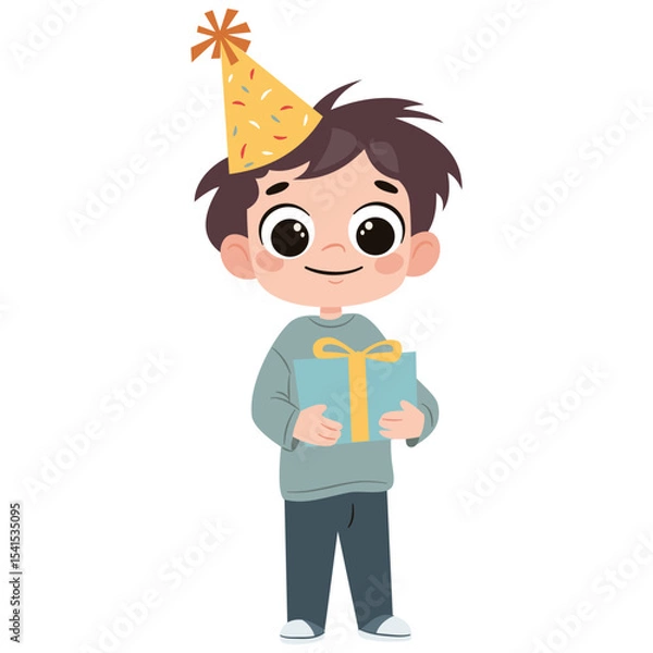 Obraz Flat vector illustration in a simple children's style. Cute boy birthday boy holding gift box on white background. Vector illustration