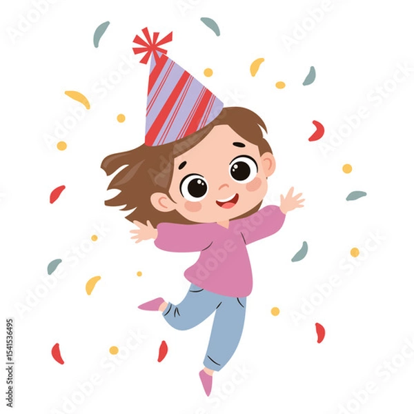 Obraz Flat vector illustration in a simple children's style. Cute little girl in birthday boy hat happily jumping under confetti on white background. Vector illustration