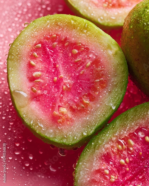 Obraz macro shot of halved guavas on a glossy wet surface