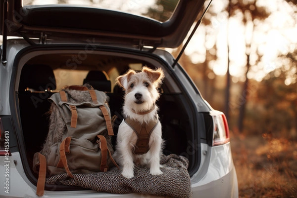 Obraz a stylish car with an open trunk, dog sitting with a blanket and backpack, travel mood 