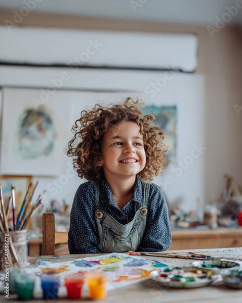 Obraz girl joyfully painting with watercolors, inclusive portrait of neurodiversity, authentic scene