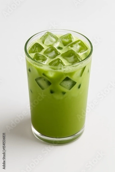 Fototapeta Iced matcha latte in transparent glass on white background