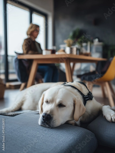 Obraz impaired person sitting at a table with a guide dog lying close