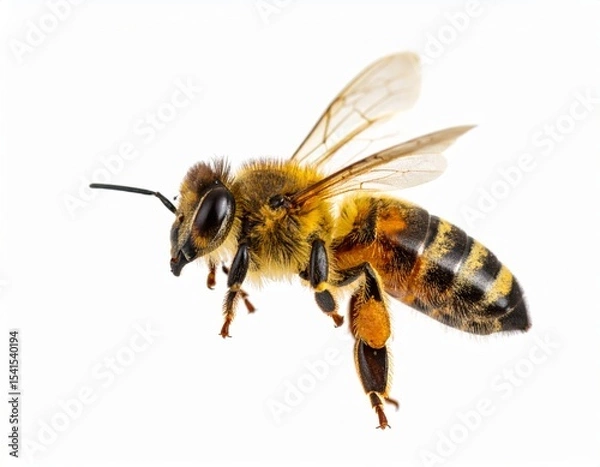 Fototapeta Bee close view over white background, no shadow