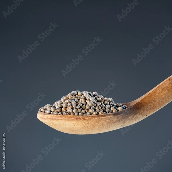 Obraz Dried coriander berries in natural wood spoon, ideal for seasoning, recipe preparation and kitchen concepts