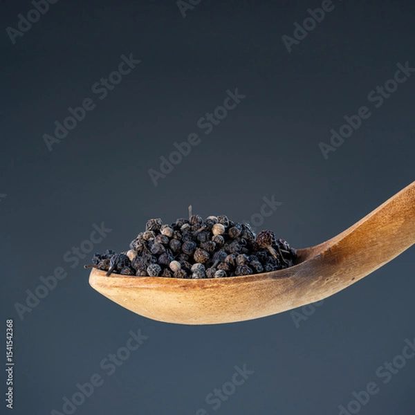 Obraz Close-up of dried black pepper corns on rustic wood utensil, perfect for gourmet food photography and spice concepts