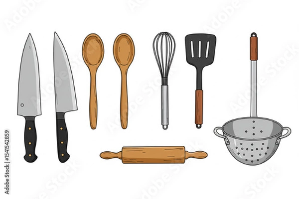 Obraz Delightful Kitchen Utensil Set Perfect for Cooking Blogs Websites and Recipe Books  A charming collection of hand-drawn culinary tools