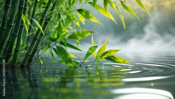 Fototapeta Bamboo stalks and leaves creating ripples in calm water